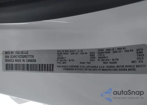 2025 Chrysler Pacifica Hybrid Select z USA, uszkodzony, nr VIN 2C4RC1S73SR577774